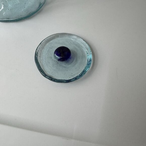 Hand Blown Glass Canister Mexico with lid Blue Rim Biscuit Cookie Jar 6”x4” Farm - Picture 4 of 16